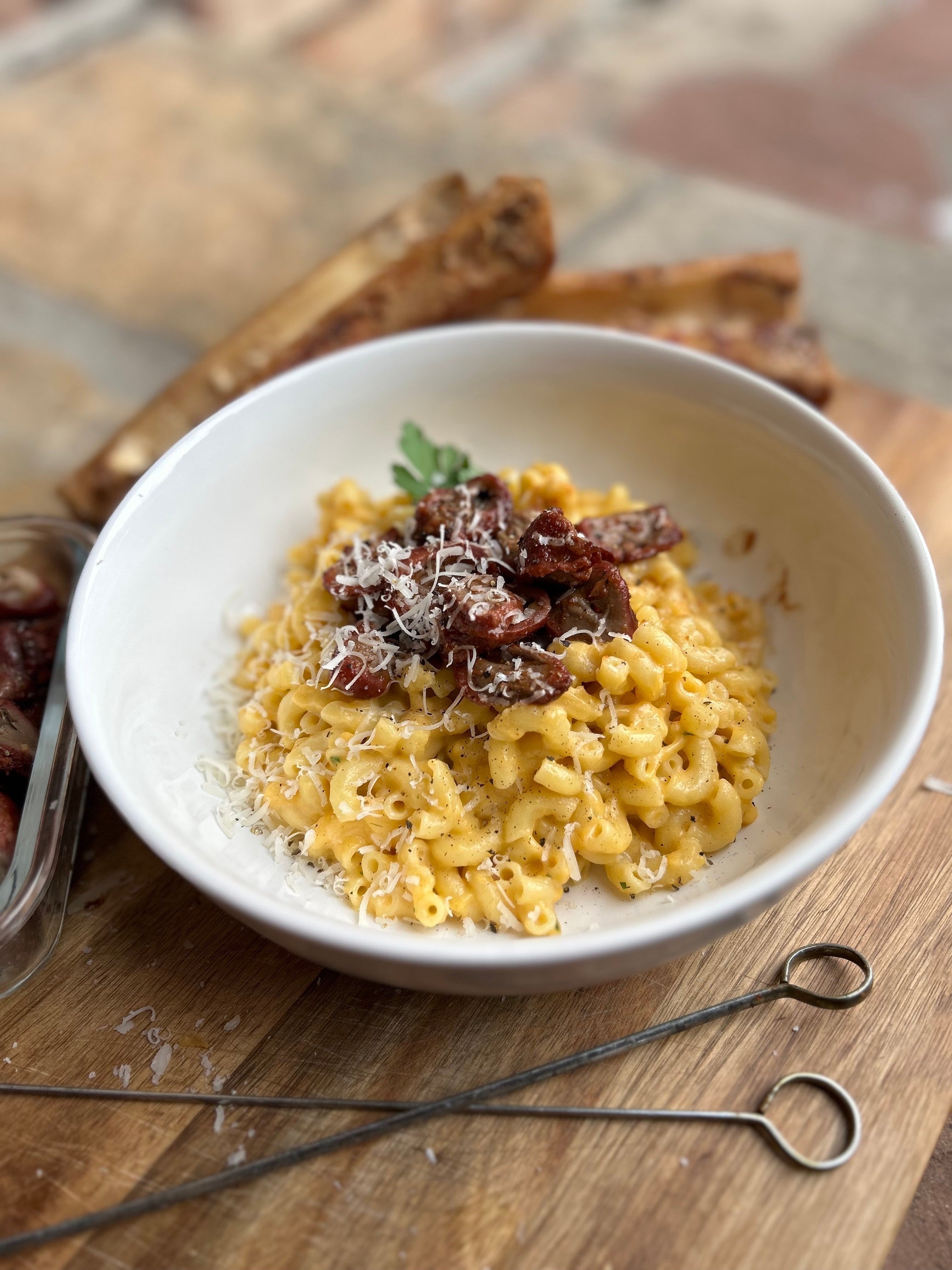 Smoked Chicken Hearts with Mac and Cheese