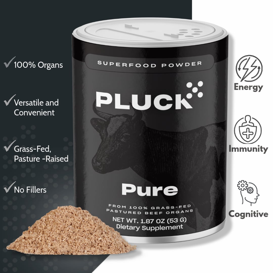 Pluck Pure 100% organ meat seasoning shaker with neutral meaty flavor