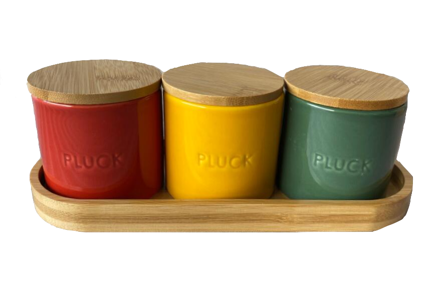 Pluck bamboo tray with 3 ceramic spice jars and spoons set