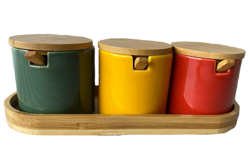 Pluck bamboo tray with 3 ceramic spice jars and spoons set
