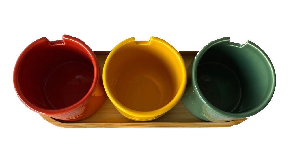 Pluck bamboo tray with 3 ceramic spice jars and spoons set